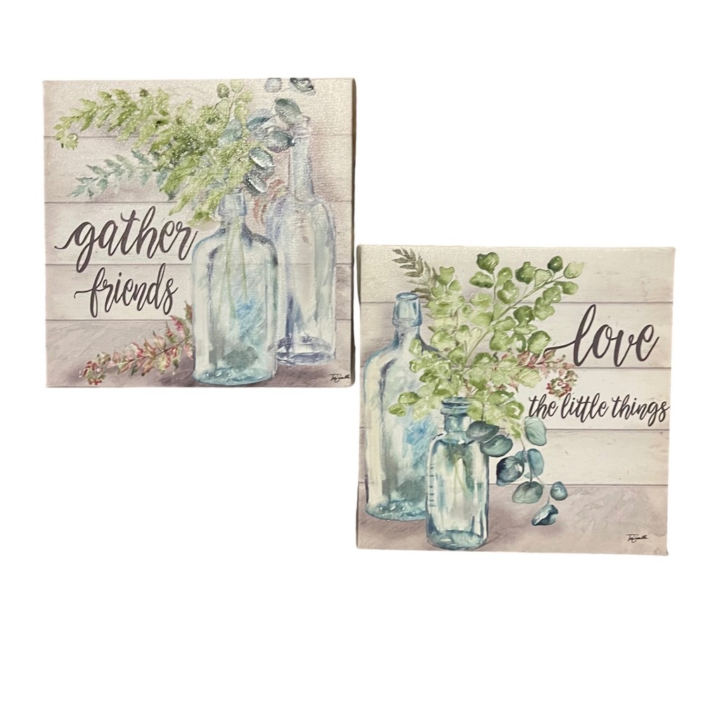 Gather Friends Love Little Things Canvas Wall Art Set of 2 Farmhouse Floral 8x8"